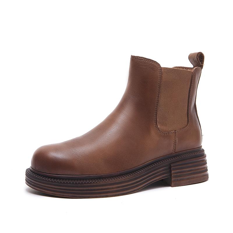 New Styles of Cowhide Thick-soled Boots, Women's Shoes, Round-toed Short-top Single Boots,