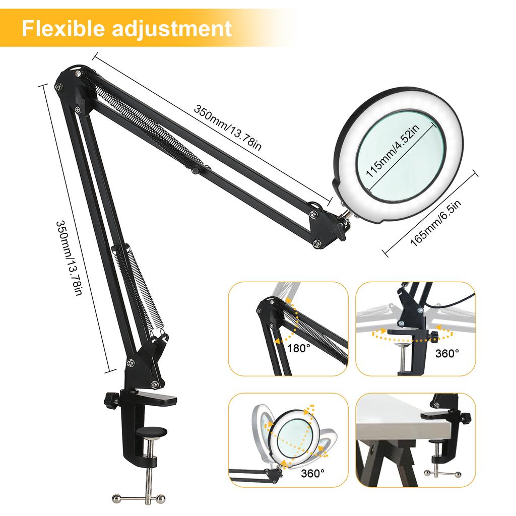 Klem-på-bordlampe med 5x forstørrelsesglasssvingarm Dimbare LED-er Skrivebordslys Touch Control 5