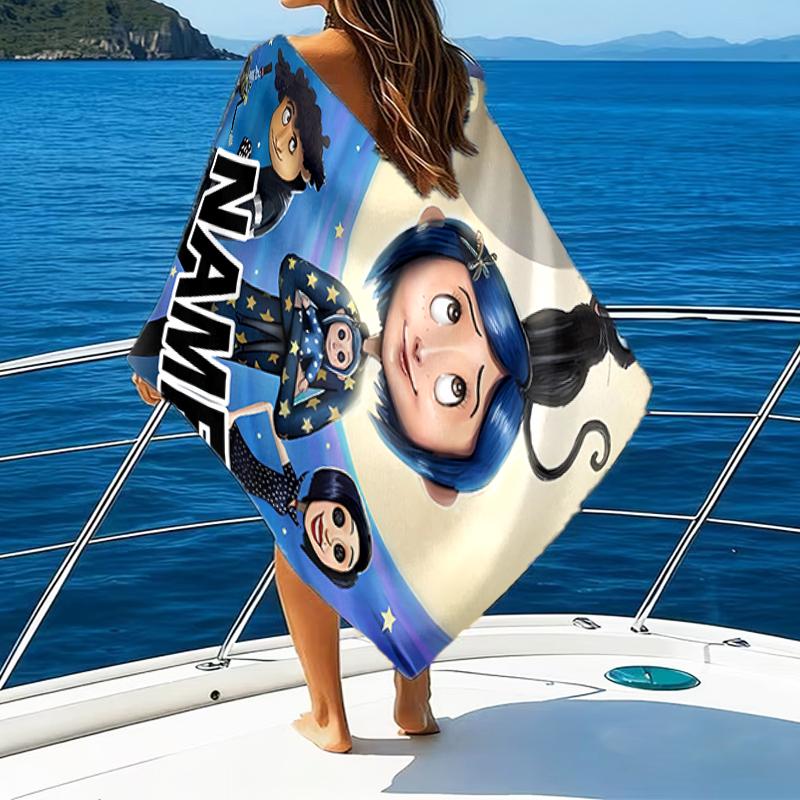 1pc Coraline2 Beach Towel with Custom Name, Beach/Swimming/Bath/Picnic/Camping Towel, Suitable for Seaside Beaches