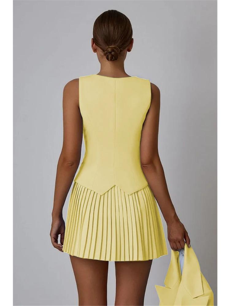Summer Sexy Patchwork 2 Piece Set Women Elegant Single-breasted Tops + Pleated Mini Skirt Fashion Retro Solid Slim Office Lady Suits
