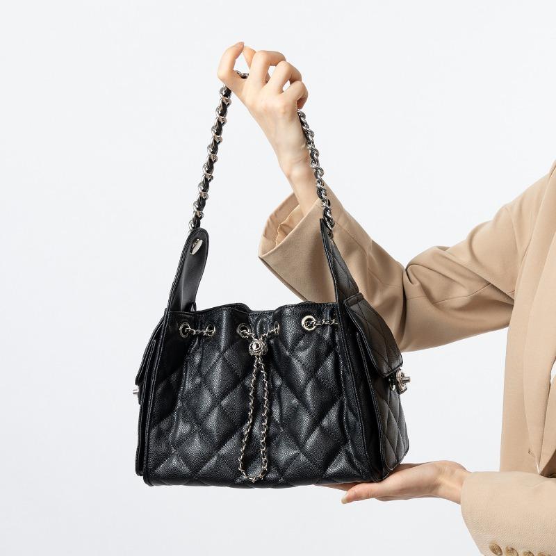 Genuine Leather Single-shoulder Underarm Bag Large-capacity Wandering Bag Bucket Drawstring Bag Chain Crossbody Bag