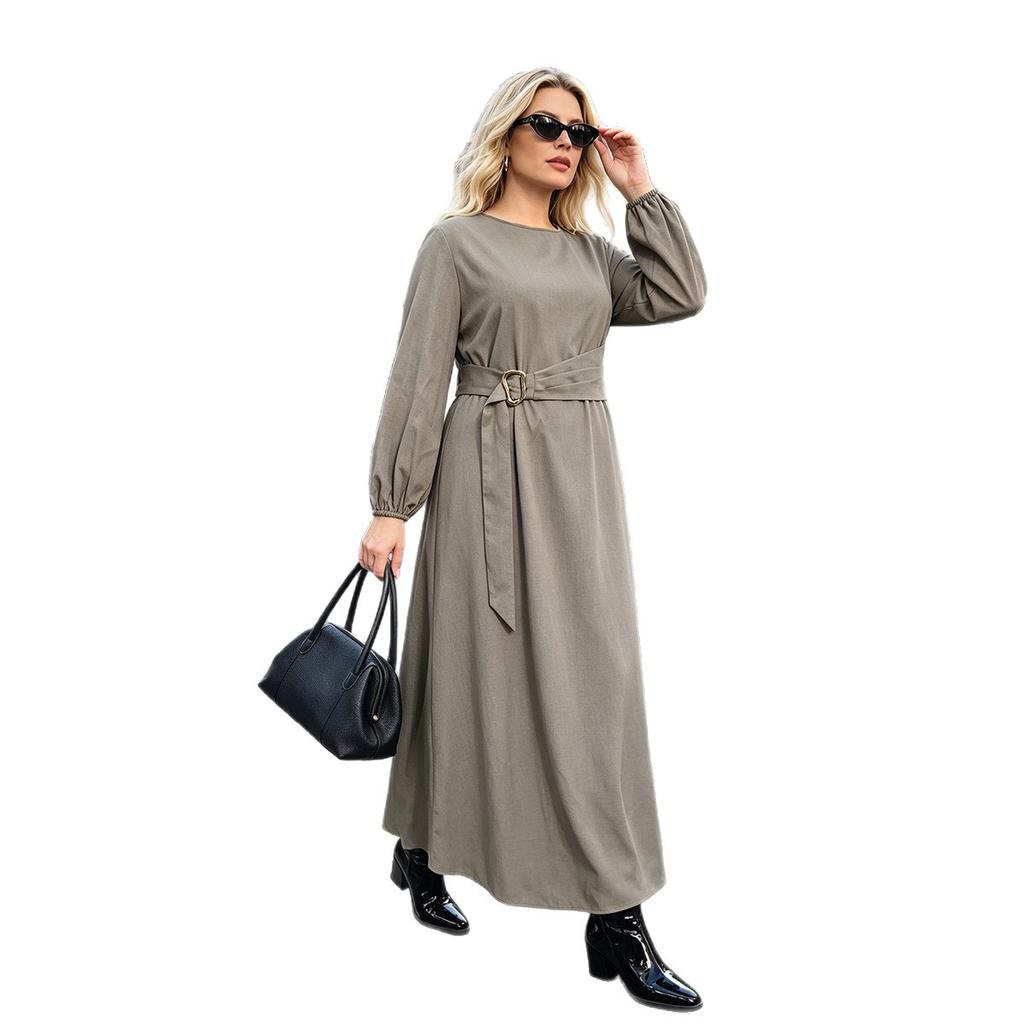 Simple solid color big pendulum coffee break dress with waist metal buckle strap commuting meat covering knee large size dress