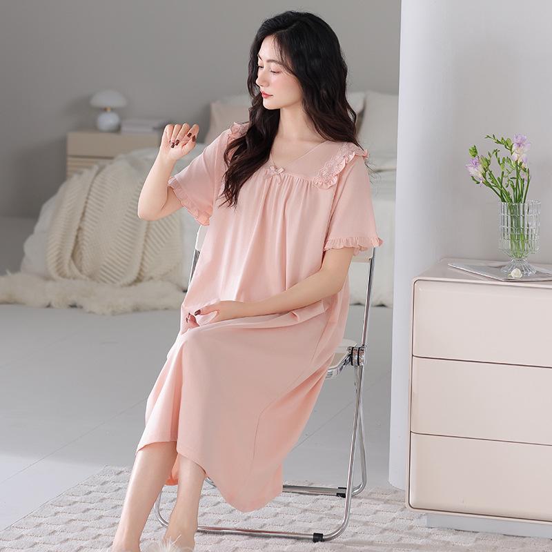 Women's Summer Court Style Lace Pajama Dress, Pure Cotton, Short Sleeve, Plus Size, Mid-Length, Wearable Outdoors, High-End Feel