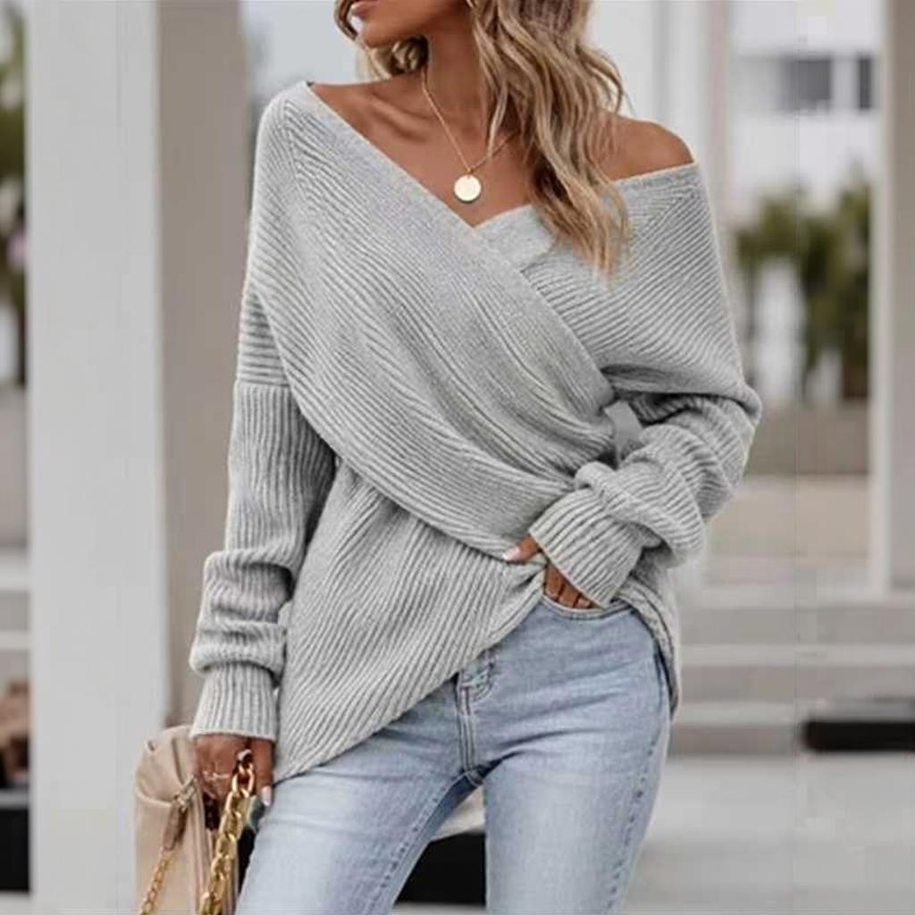 Women's Cross V-Neck Loose Fit Long Sleeve Knit Sweater