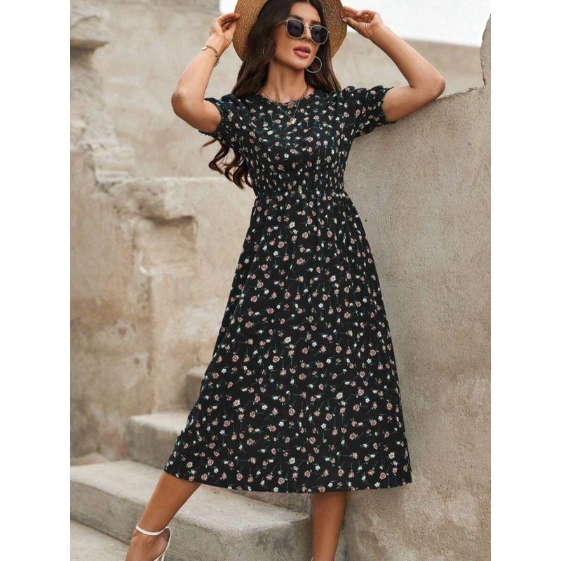 Sweet Summer New Arrival European Fashion Round Neck Small Floral Elastic Waist Tight Waist Puff Short Sleeve Mid Length Long Length Dress