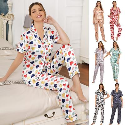 Pyjamas Set for Women Short Sleeve Trousers Love Pattern Artificial Silk Home Clothes Student Cardigan Sleepwear Loungewear