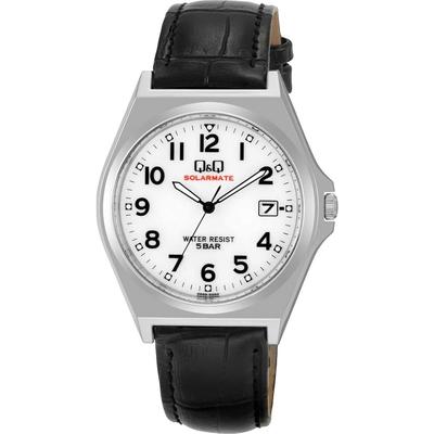 Citizen Q&Q Analog Solar Waterproof Date Watch Leather Strap White Dial H060-304 Men's Black