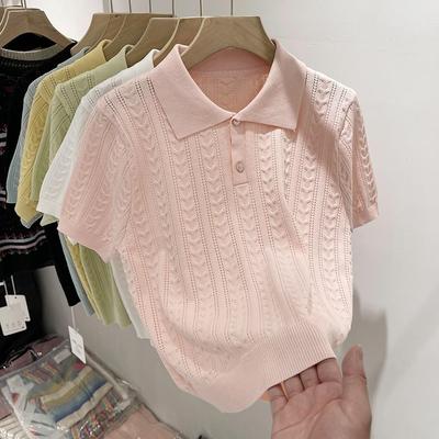 2024 Women's Summer Ice Silk Polo Collar Knit Top - Soft, Sticky, Short Sleeve Design
