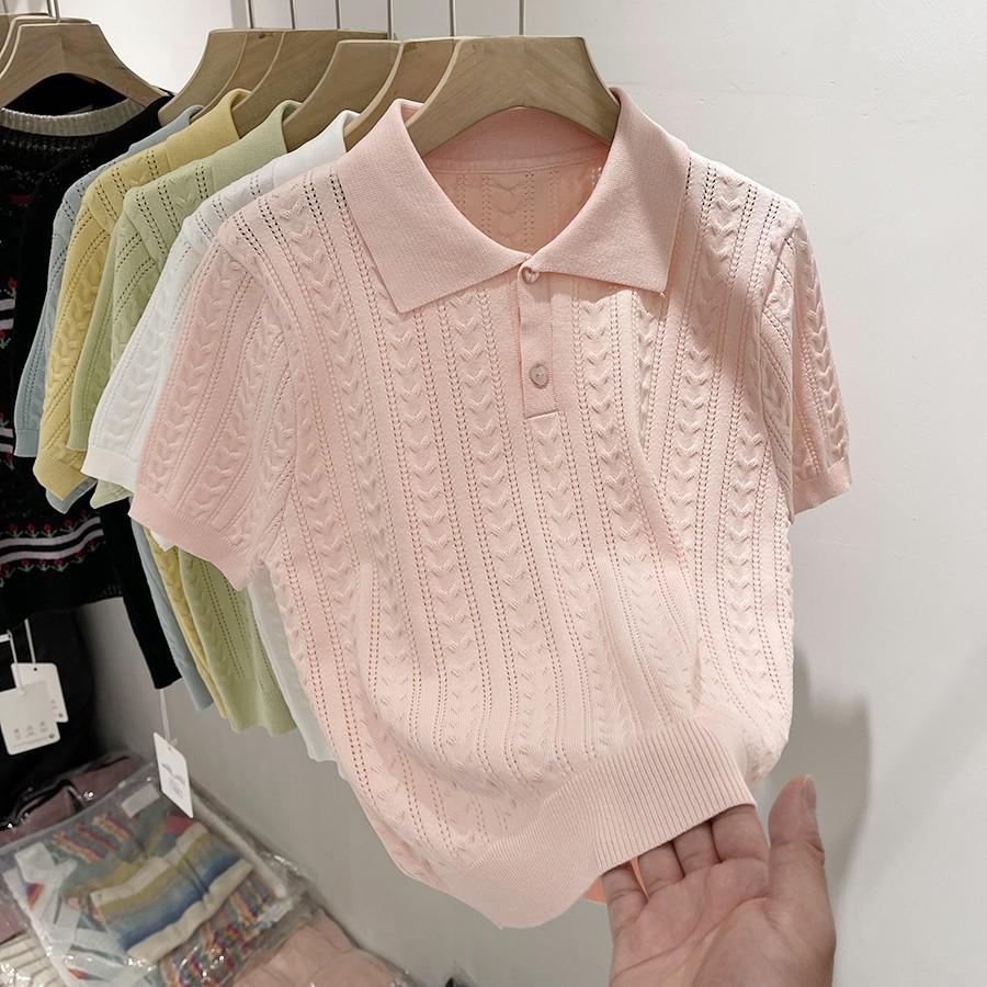 2024 Women's Summer Ice Silk Polo Collar Knit Top - Soft, Sticky, Short Sleeve Design