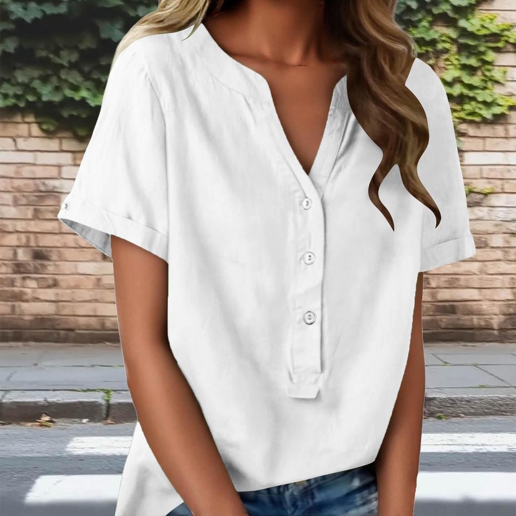 Fashionable Women's Linen V-neck Button Up Half Open Design, Fashionable Short Sleeved Shirt Color Top