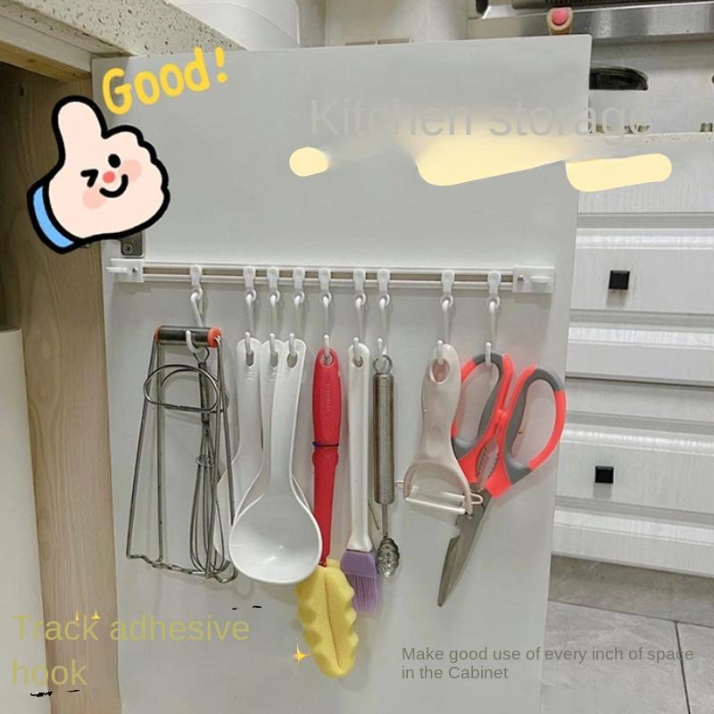 3913 Punch-free Sliding Track Hook Kitchen Cabinet Door Rear 1 Row 10 Hooks Hanger Rod Adhesive Hook Row Storage
