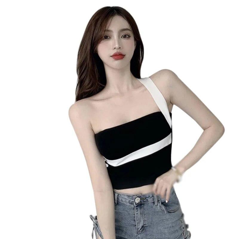 

Женский летний цветной контрастный лоскутный топ с наклонным вырезом, тонкий укороченный топ без рукавов на бретельках One Size