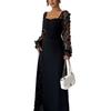 Elegante Abito Maxi Floreale a Rete Patchwork, Scollo Quadrato, Manica Lunga, Vita Alta, per Donna