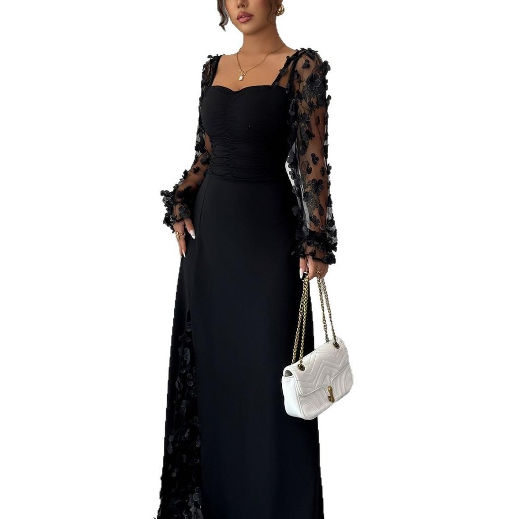 Elegante Abito Maxi Floreale a Rete Patchwork, Scollo Quadrato, Manica Lunga, Vita Alta, per Donna