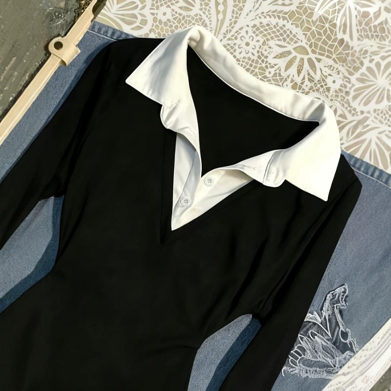 Women S Long Sleeve Polo Shirt Color Block Knit Top
