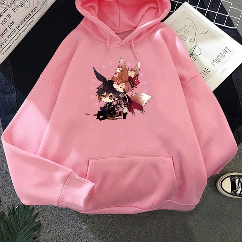 Genshin Impact Zhong Li Tartaglia Kawaii Hoodies Women Pullover Aesthetic Print Sweatshirts Oversized Pink Graphic Korean