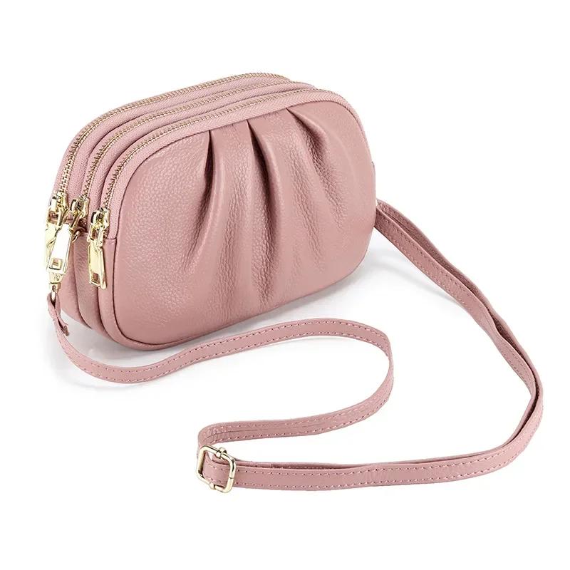 

Women Phone Wallet Genuine Leather Three Layers of Zipper Shoulder Messenger Bag Small Female Cloud Bag Day Clutches Purse 20X13X6CM