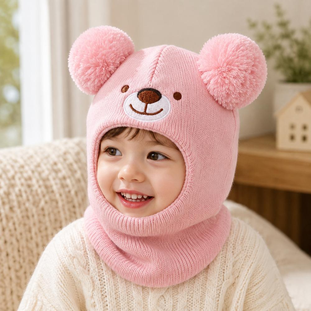 Cartoon Bear Kids Winter Hat Double Pom Poms Bear Headscarves  Winter Wear