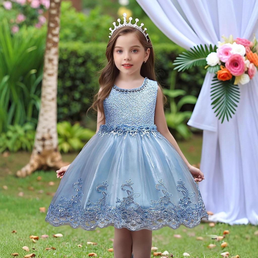 Vit ärmlös prinsessklänning med pärlor och puffig tyllkjol för småbarn 981
