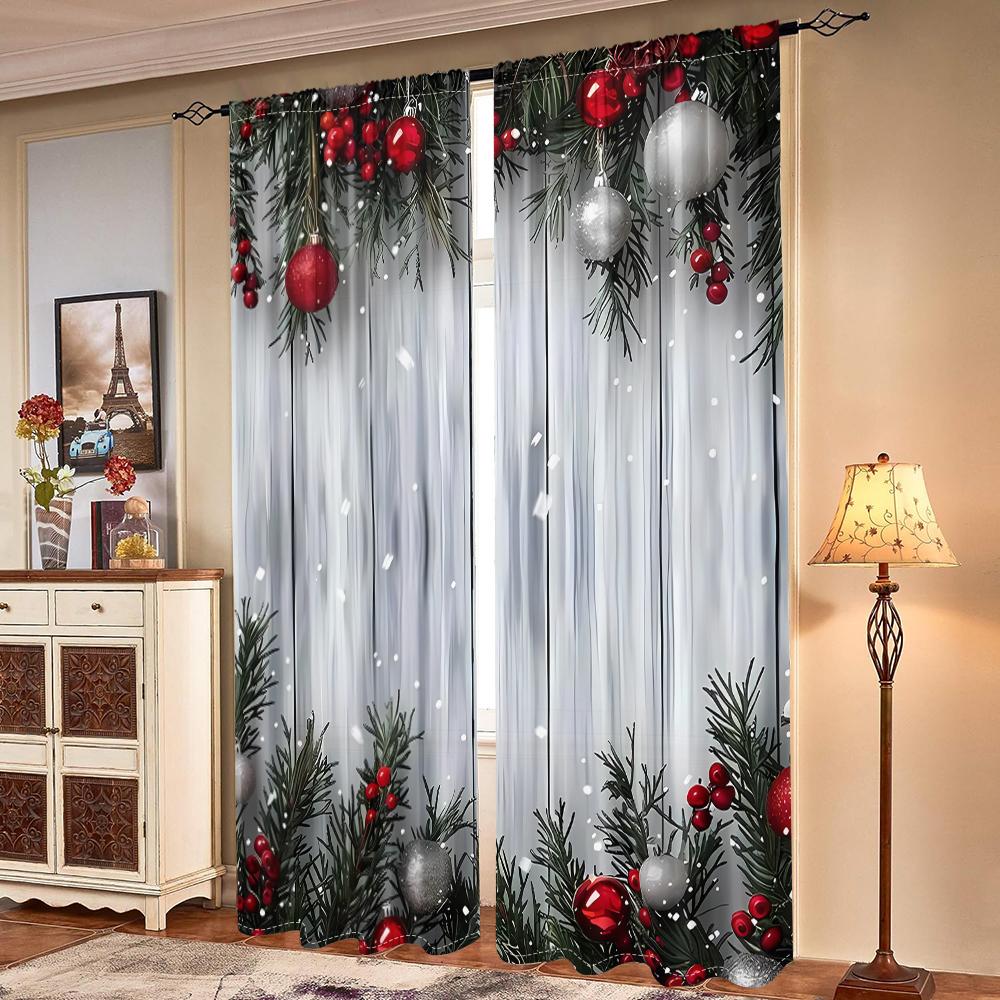 2 Pieces, Christmas Ball Wooden Background Curtains -30% Blackout - Suitable for Living Room, Bedroom, Kitchen, Home Decoration