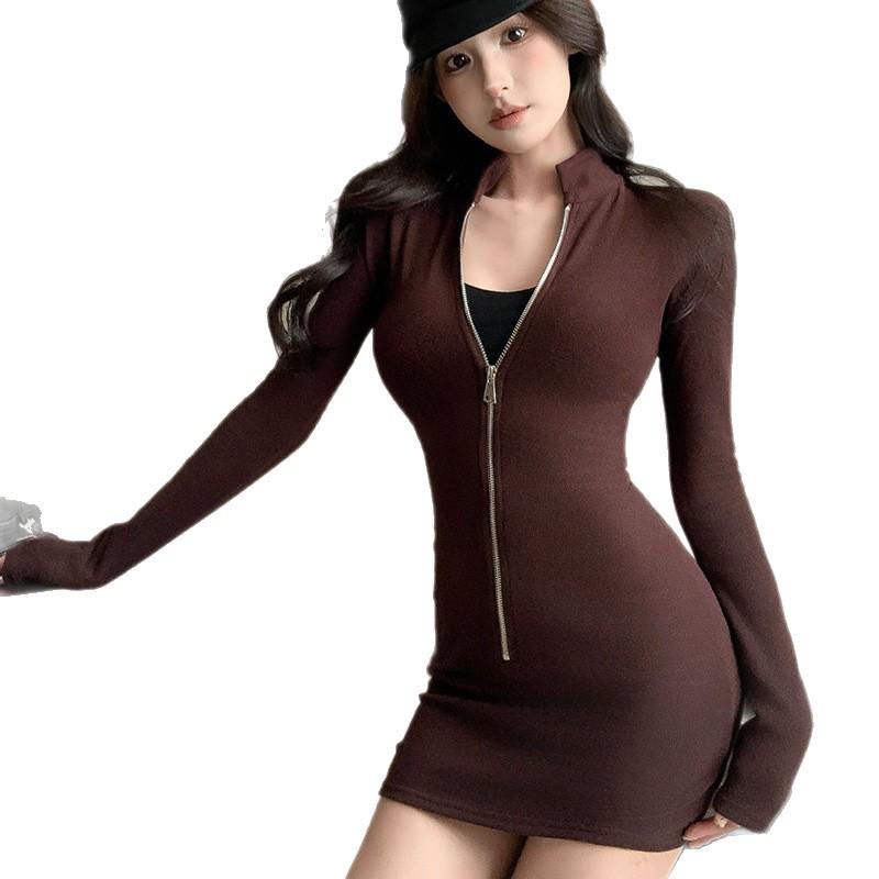 Women's Retro Coffee Stand Collar Long Sleeve Bodycon Dress - Autumn/Winter Slim Fit, Elastic Short Skirt, Hot Girl Base Layer.