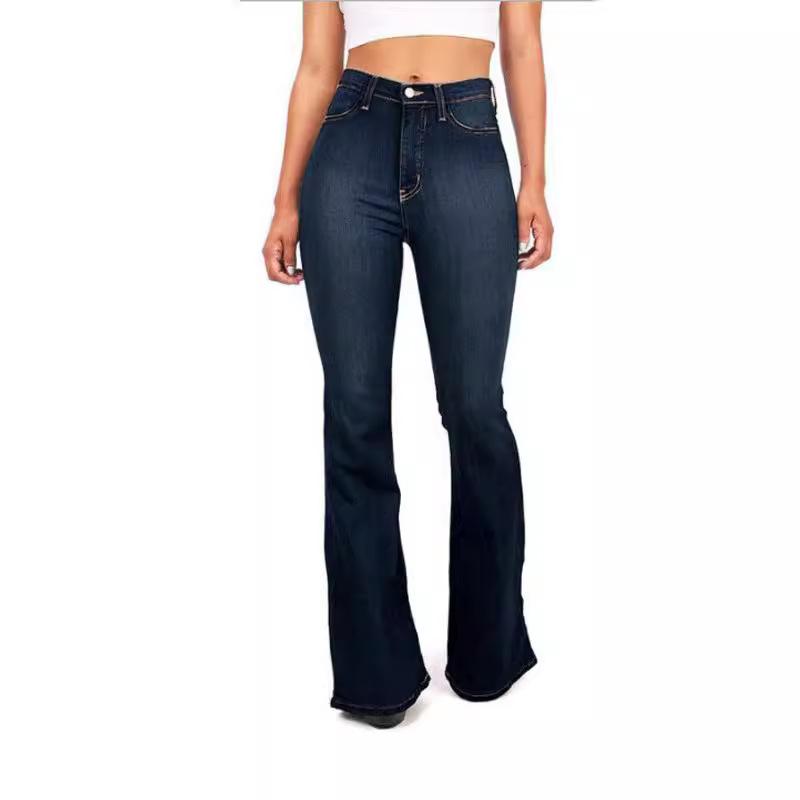 Women Bell Bottom Jeans Elastic Waist Ripped Flared Jean Destroyed Raw Hem Denim Pants