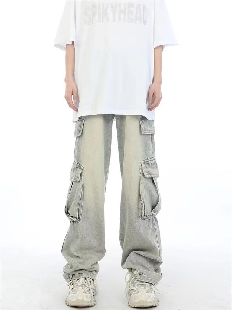Tooling jeans men's spring and autumn American trendy brand niche straight pants high street zipper loose wide-leg denim trousers