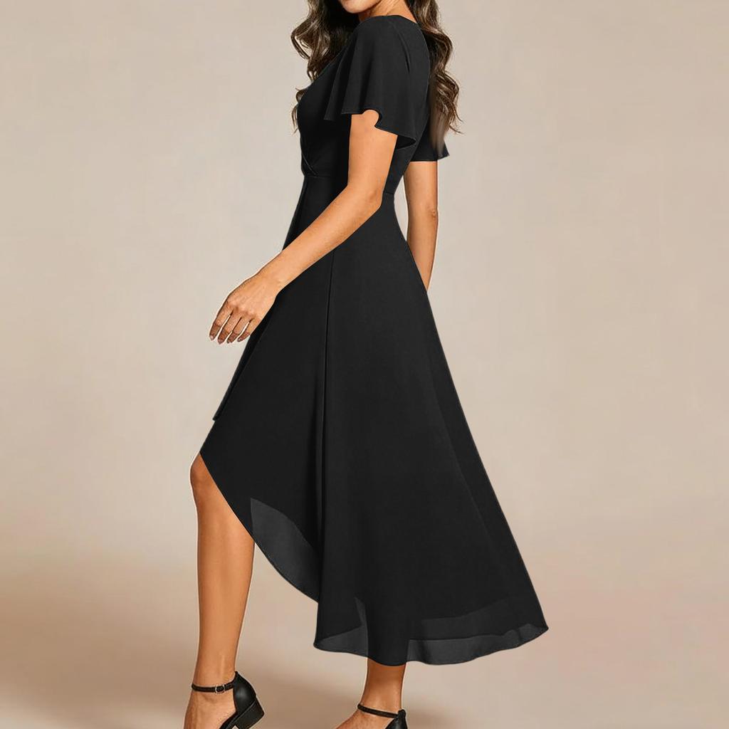 Women's Summer Dress Slim Fit Dress Color Chiffon V Neck Short Sleeved Dress