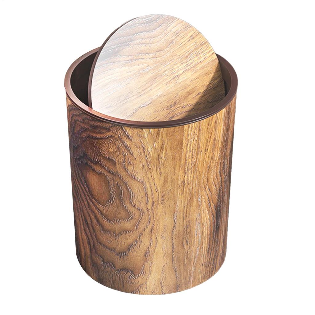 Imitation Wood Grain Trash Can Swing-Top Wastebasket Retro Small Garbage Dustbin for Household Bedroom Office Bathroom Kitchen