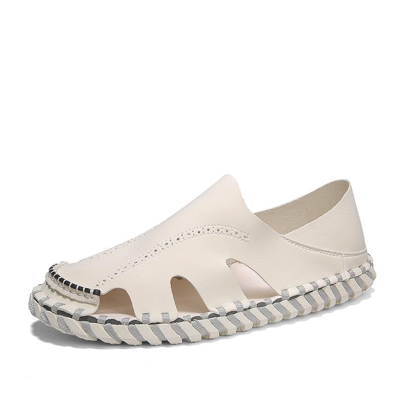 

Fashion Genuine Leather Men s Sandals Durable Handmade Beach Shoes Anti-collision Toe Mens Summer Flats Non Slip Indoor Outdoor Sandals 38 бежевый