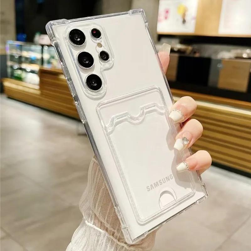 Fashion Transparent Soft Card Holder Bag Phone Case For Samsung Galaxy S25 S24 S23 S22 S21 S20 FE Note 20 Ultra Shockproof Cover