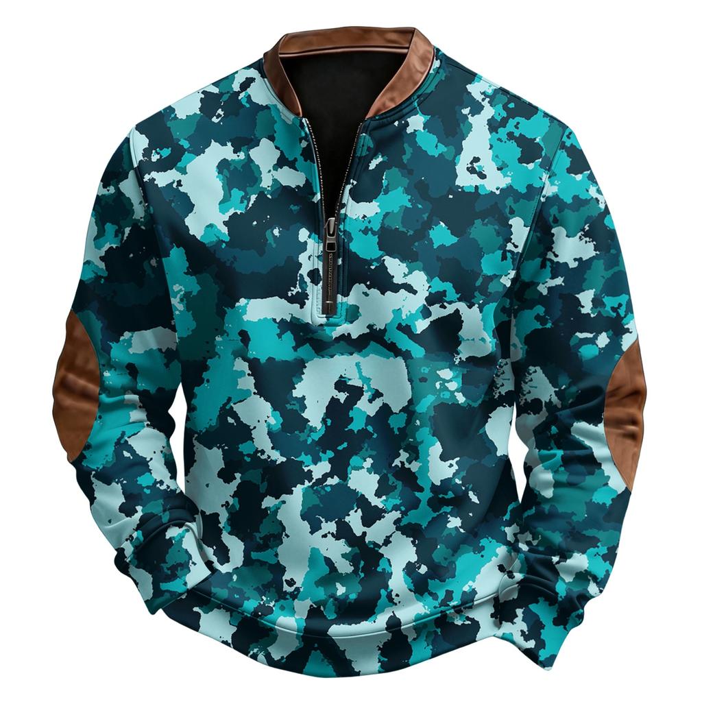 Men's Casual, Trendy, Retro American Camouflage Printed Round-neck Long-sleeved Half-pull One-piece Sweatshirt