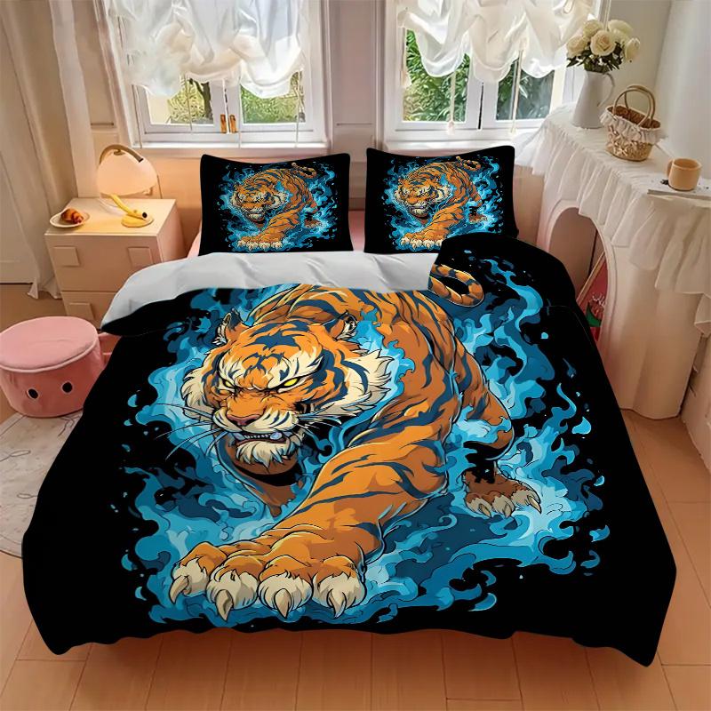 3pcs Blue Flame Tiger Quilt Set - Soft and Comfortable Bedroom, Guest Room and Dorm Decor Bedding Set 1 Quilt Cover + 2 Pillowcases.W012