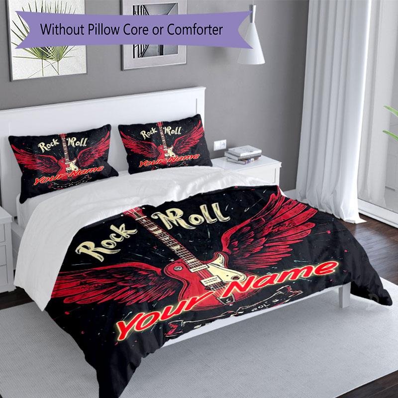 3PC Custom Name Rock 'n' Roll Wings Bedding Set Duvet Cover Closure Includes 1 Duvet Cover & 2 Pillowcases for Bedroom