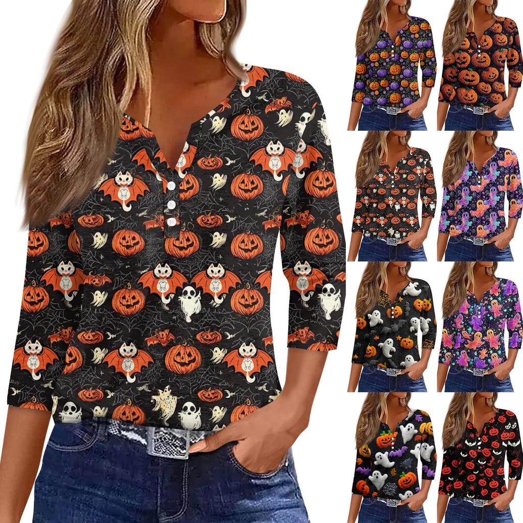 Women's T Shirt Tee Print Button  3/4 SleeveDaily Weekend Fashion Basic V- Neck Regular Top