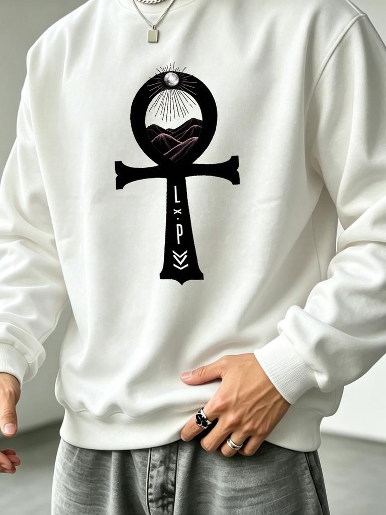 Men'S Graphic Print Crew Neck Sweatshirt, Vintage Streetwear Pattern, Christmas Pattern,Loose Fit Cut, Comfortable Everyday Streetwear,