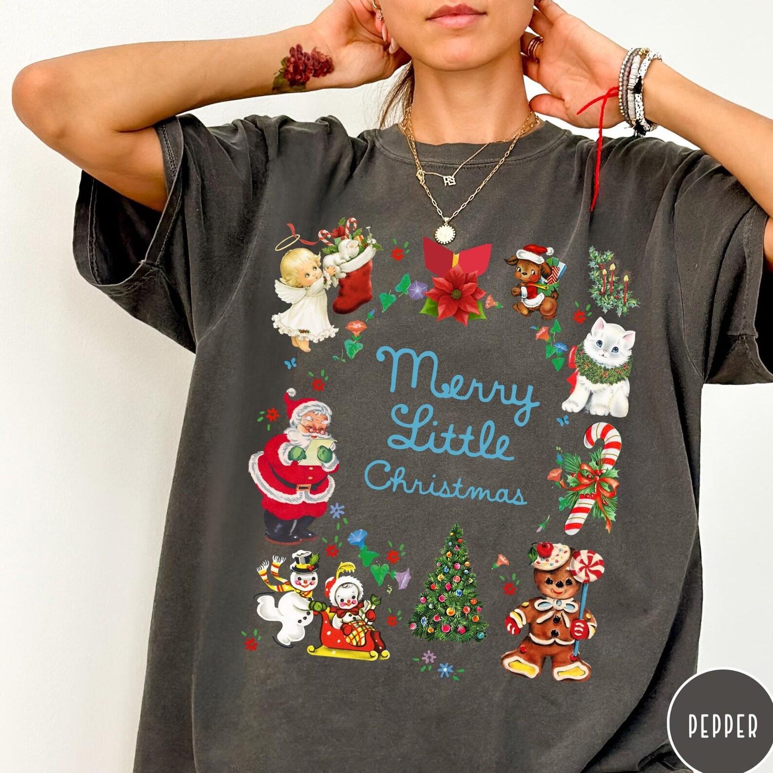 Retro Christmas Comfort Colors® T-Shirt, Vintage Merry Little Christmas Shirt, Women s Christmas T-Shirt, Trendy Holiday Cute Christmas Shirt M