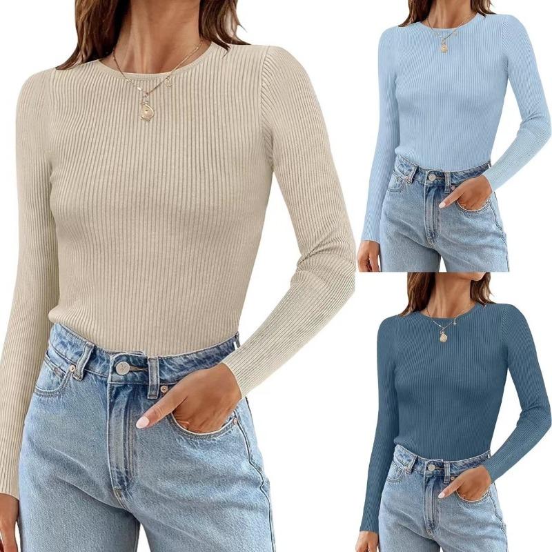 Autumn Winter Fashion Casual Round Neck Solid Color Long Sleeved Top for Women