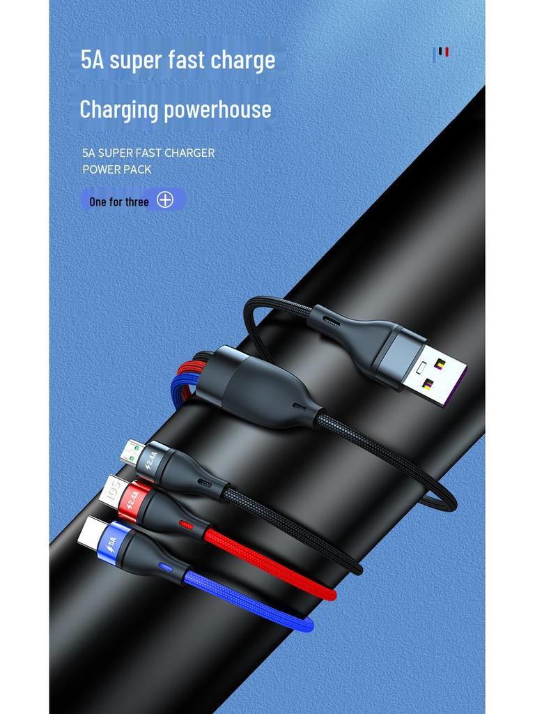 5A Super Fast 3-in-1 Braided Charging Cable, 2m Type-C to Triple Connector
