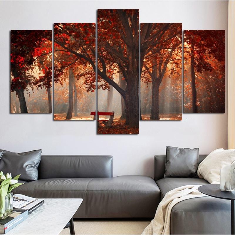 SELFLESSLY 5 Panels/Set Red Tree Autumn Landscape Pictures Canvas Painting Wall Art For Living Room Posters Scenery Home Decor
