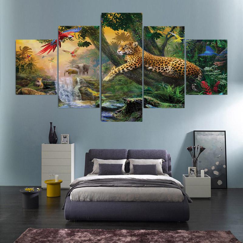 5Panels Tropical Jungle Plant and Animal Landscape Canvas Painting Posters and Prints Wall Art Home Decor for Kids Room No Frame
