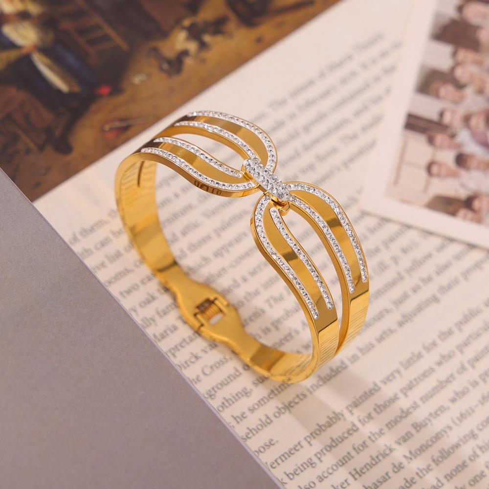 

Браслет-бенгл с цирконом в виде бантика для женщин, позолоченная нержавеющая сталь, пружинный круглый браслет-бенгл, женский свадебный водонепроницаемый циркон 58-60mm