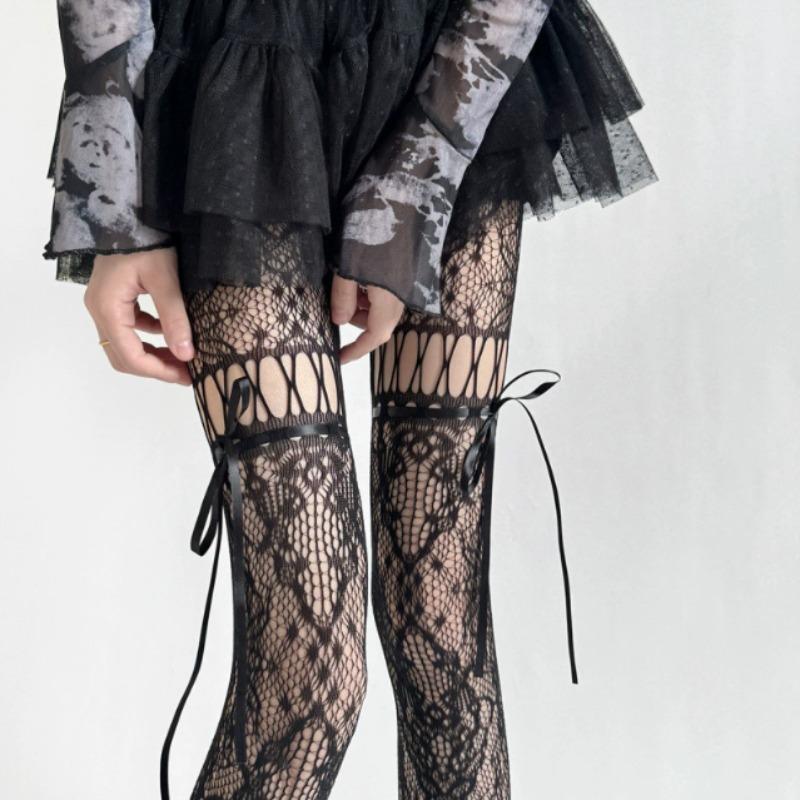 Gothic Hollowed Lace Tie Suspender Socks Women Sexy Fishnet Mesh Thigh High Stockings Bow Design White Black Tights Pantyhose