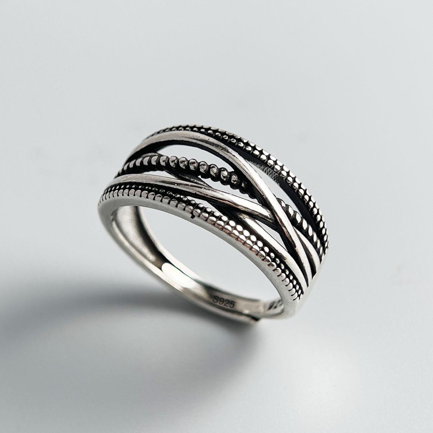 

BF CLUB 925 Sterling Rings for Women Simple Geometric Handmade Irregular Retro Interware Lines Ring Allergy For Birthday Gift resizable
