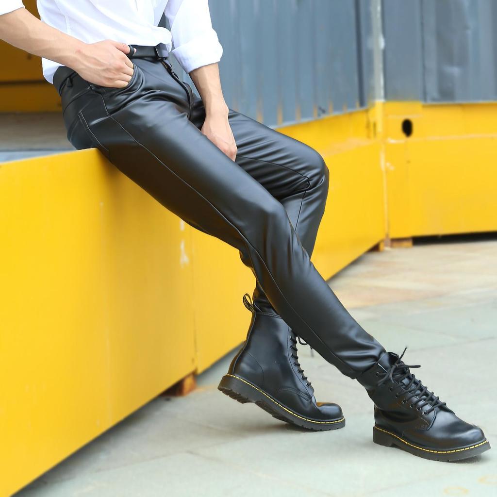 Men's Autumn Korean Style Slim Fit Leather Pants: Skinny, Elastic, Plus Velvet, High Comfort, Motorcycle-Inspired.