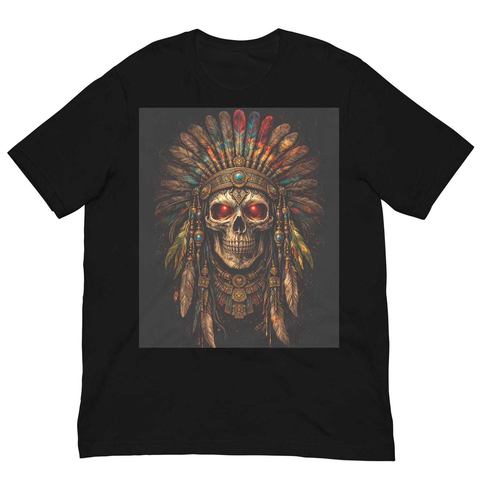 Aztec Skull Headdress Shirt, Tribal Skeleton Warrior Tee, Ancient Mesoamerican Death Art, Gothic Aztec Graphic T-Shirt L