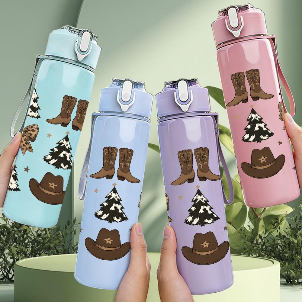 1PC Cowboy Boot Bow Christmas Set 750ml Color Plastic Sports Water Bottle Leakproof Flip Straw Lid Suitable for Sports Office Home Use