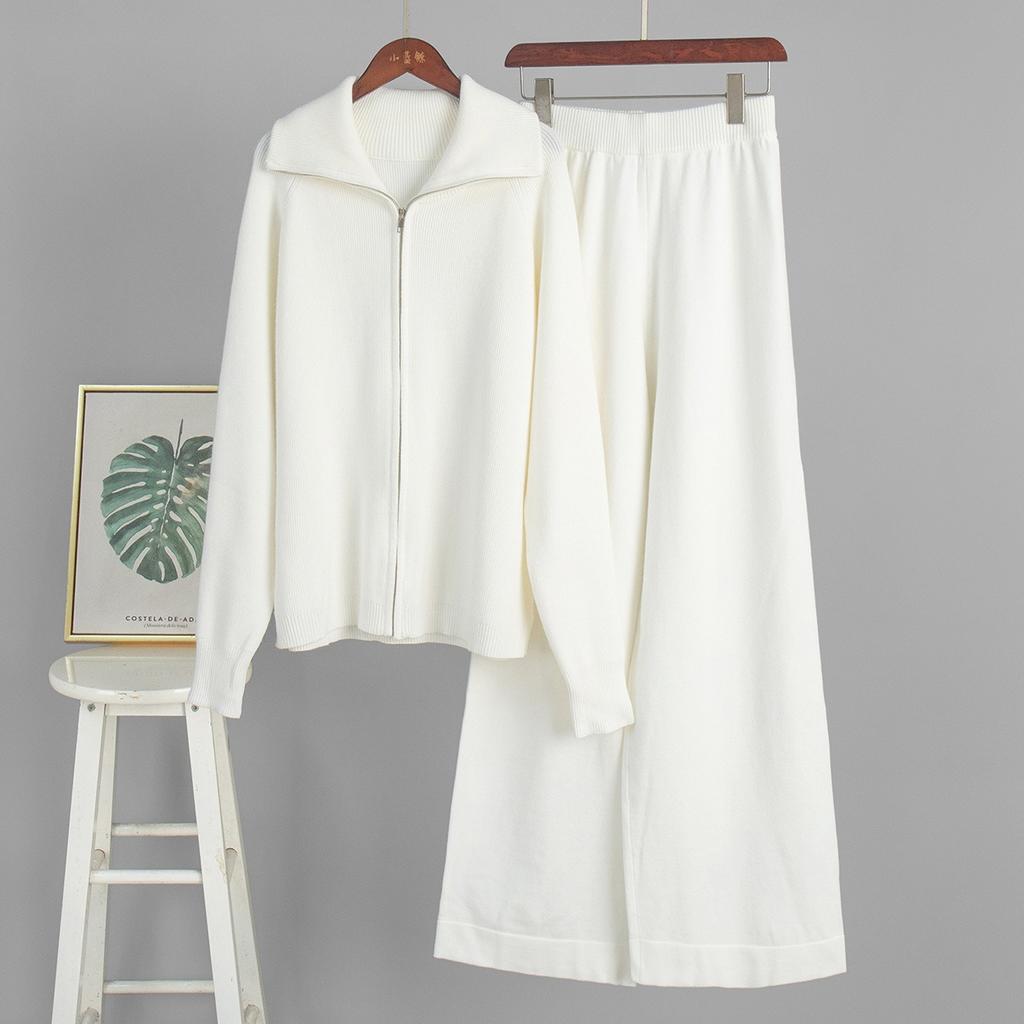 Fall Winter Women's 2 Piece Knit Set Zip Up Cardigan + Wide Leg Pants Casual Outfit