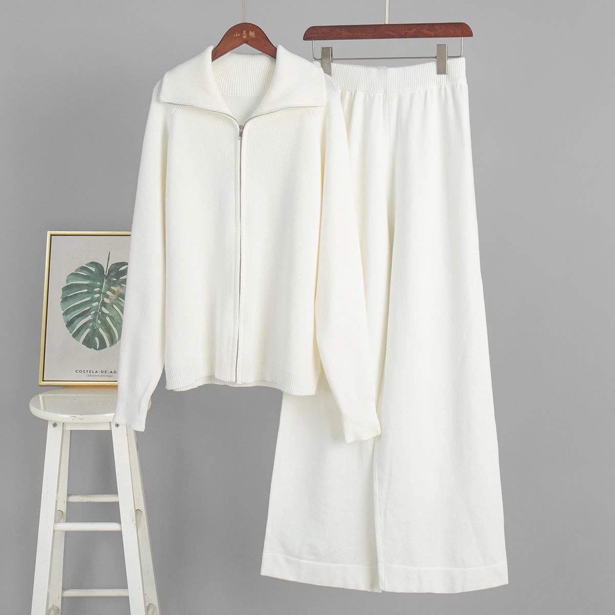 Fall Winter Women s 2 Piece Knit Set Zip Up Cardigan + Wide Leg Pants Casual Outfit S белый
