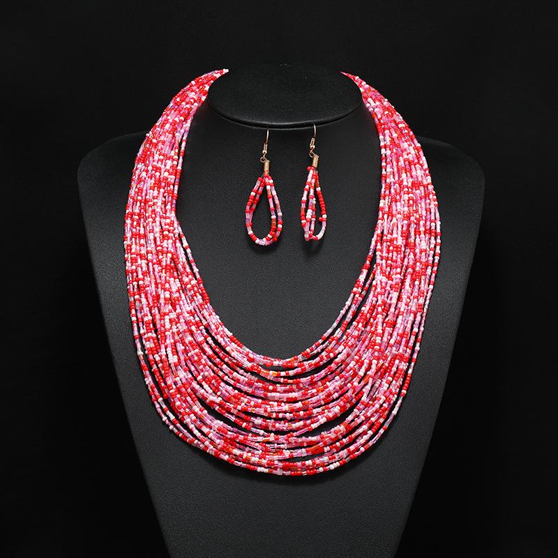 Bohemian multi-layer rice beads short necklace earrings retro exaggerated personality women's sweater chain accessories